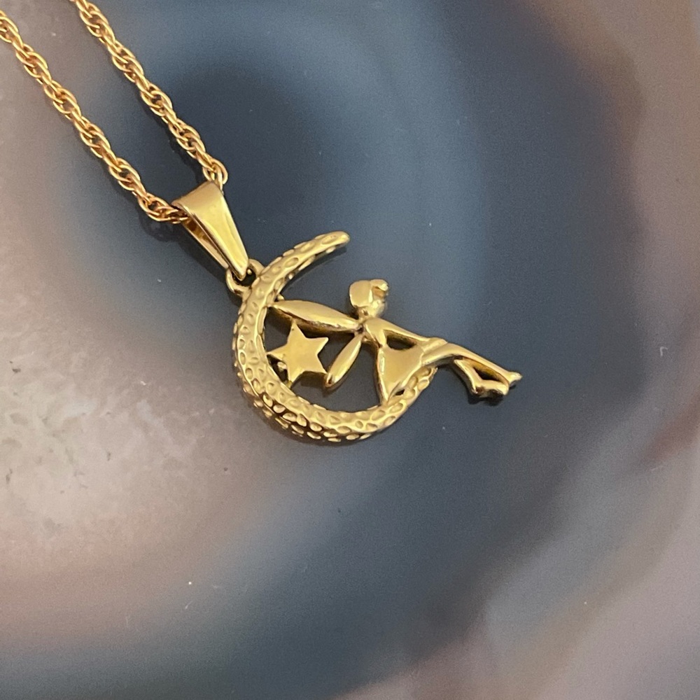 Gold fairy moon pendant necklace fantasy jewelry star tinker bell